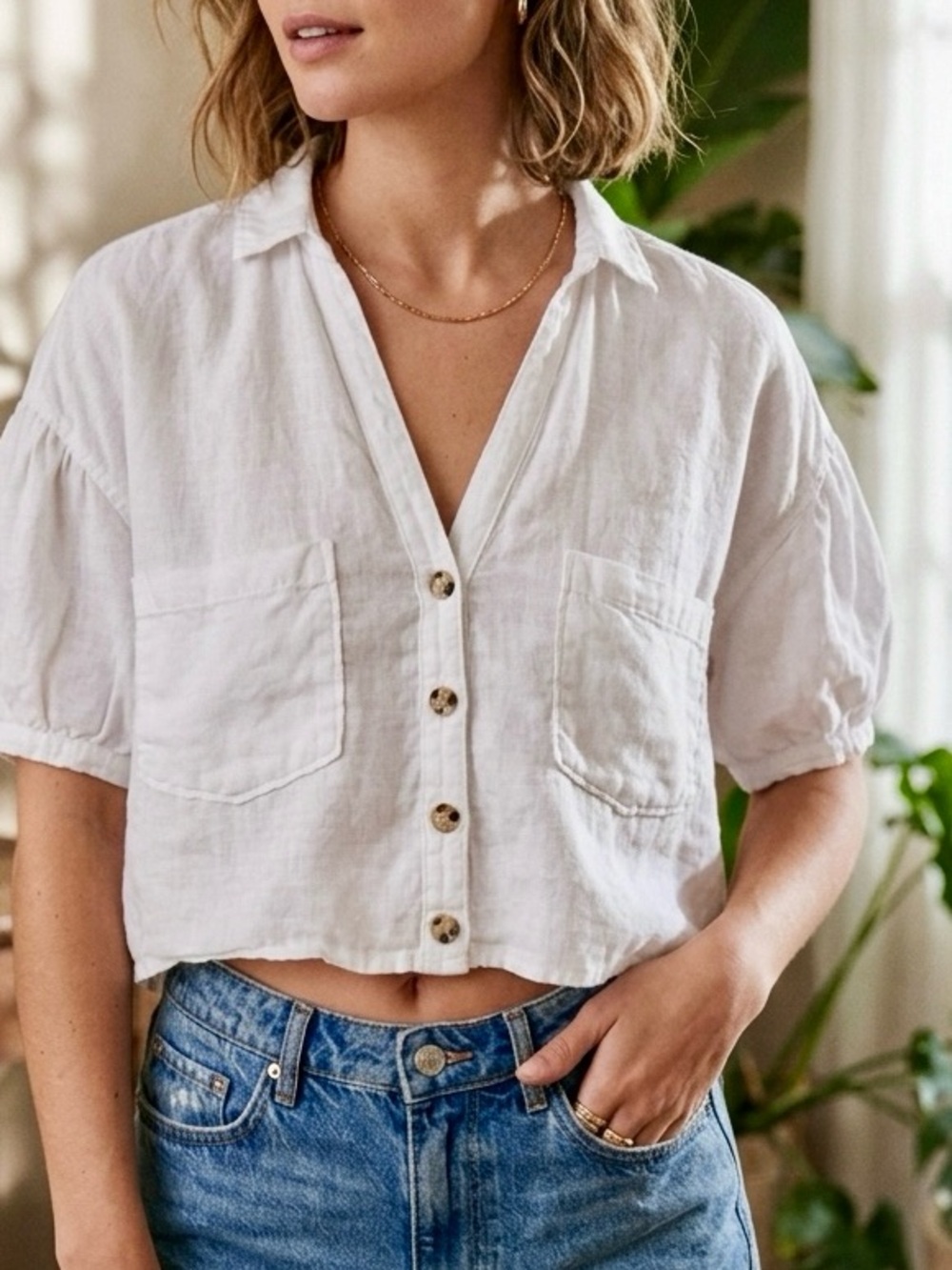 ZARA 100% Linen White Button Shirt w Pleated Sleeves & 2 Pockets Semi Crop Top